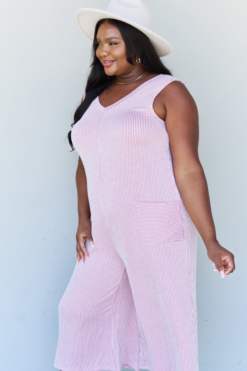 ODDI Plus Size Stripe Printed Knit Jumpsuit
