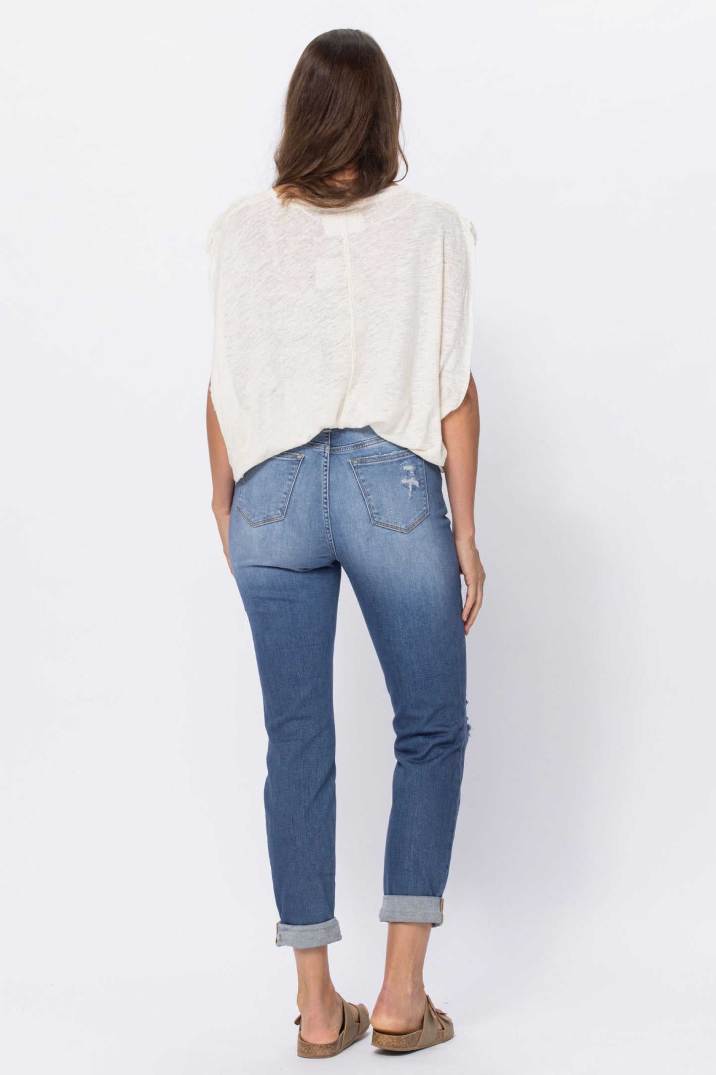 Mid Rise Cuffed Distressed Jeans