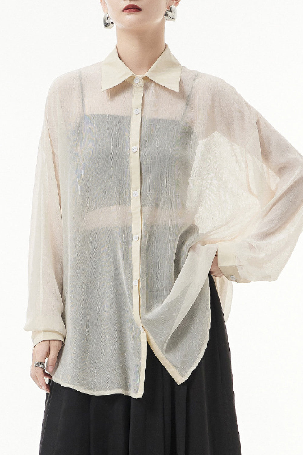 Button Down Dropped Shoulder Mesh Shirt
