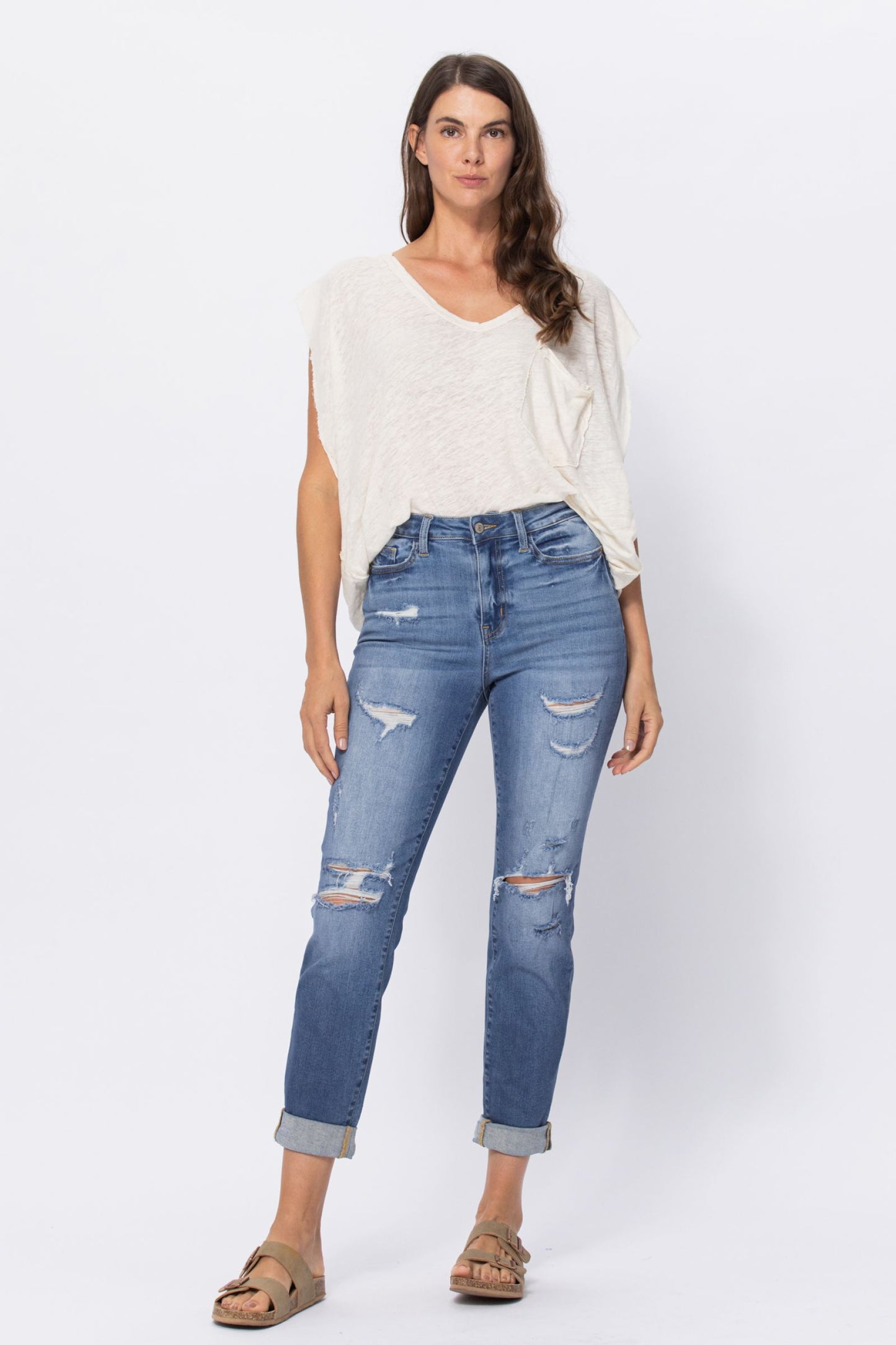 Mid Rise Cuffed Distressed Jeans