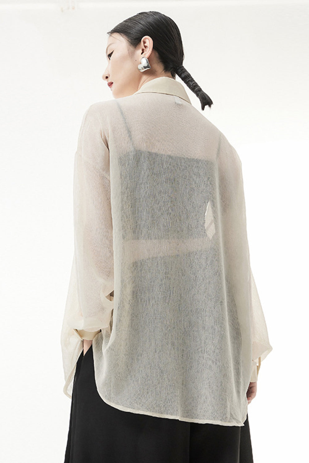 Button Down Dropped Shoulder Mesh Shirt