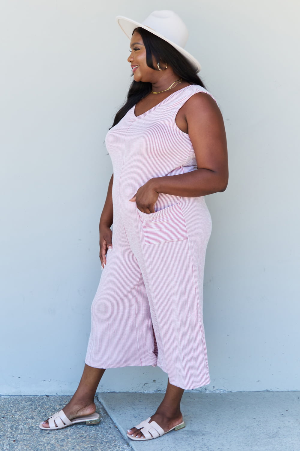 ODDI Plus Size Stripe Printed Knit Jumpsuit