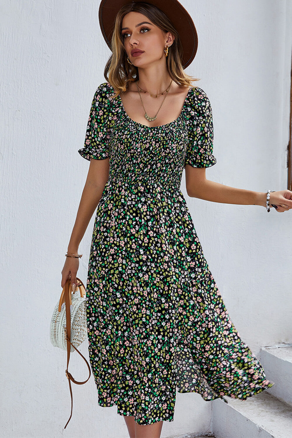 Ditsy Floral Side Slit Flounce Sleeve Dress