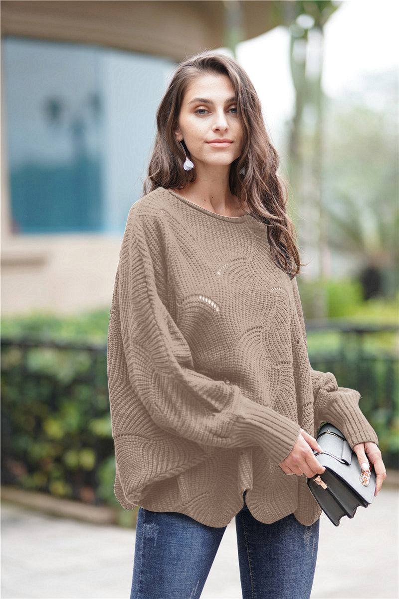 Double Take Openwork Boat Neck Sweater with Scalloped Hem