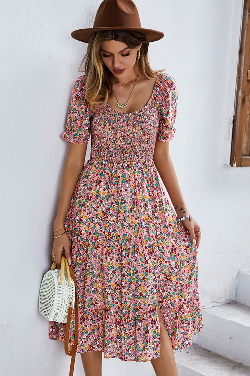 Ditsy Floral Side Slit Flounce Sleeve Dress