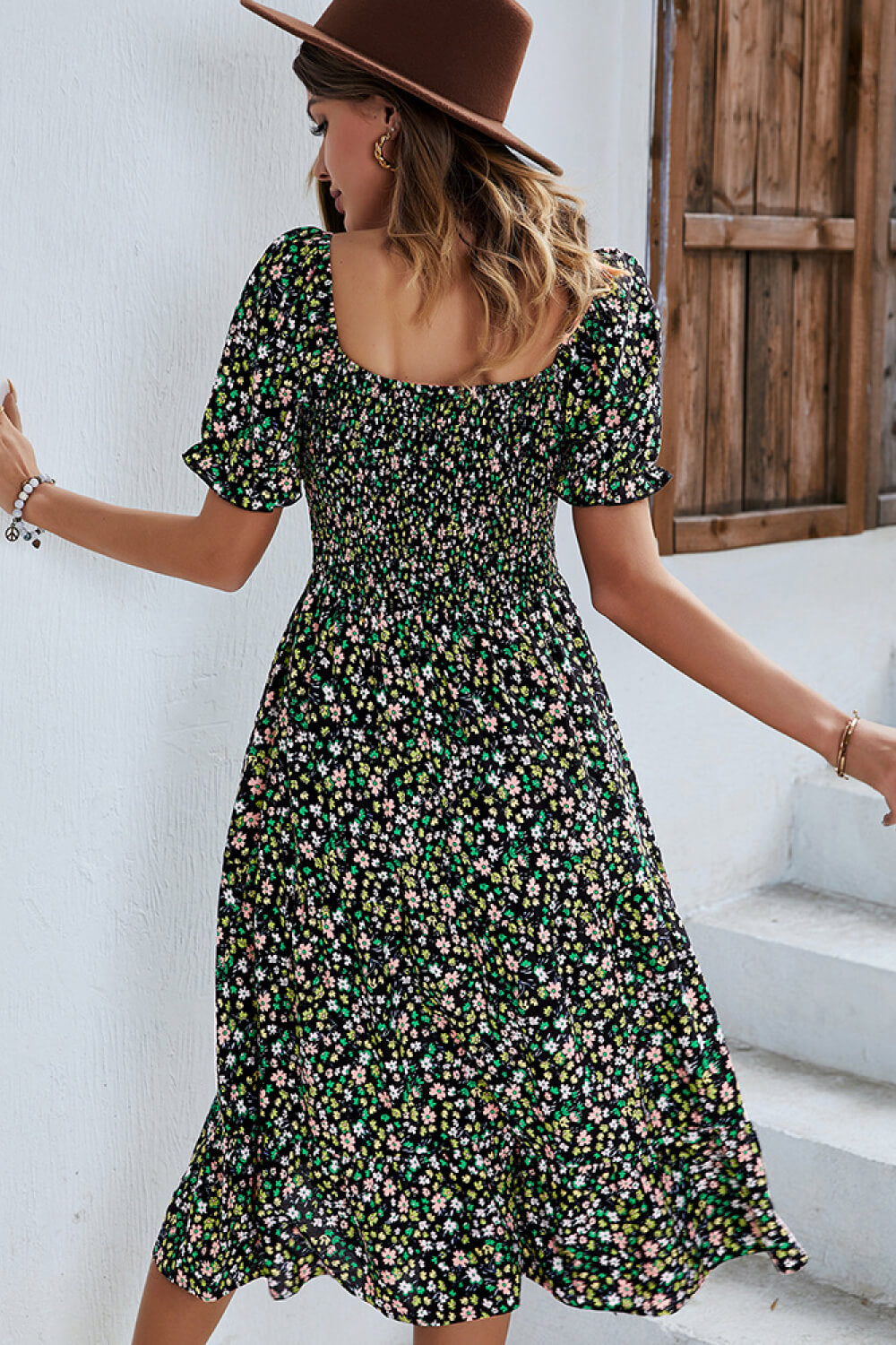 Ditsy Floral Side Slit Flounce Sleeve Dress