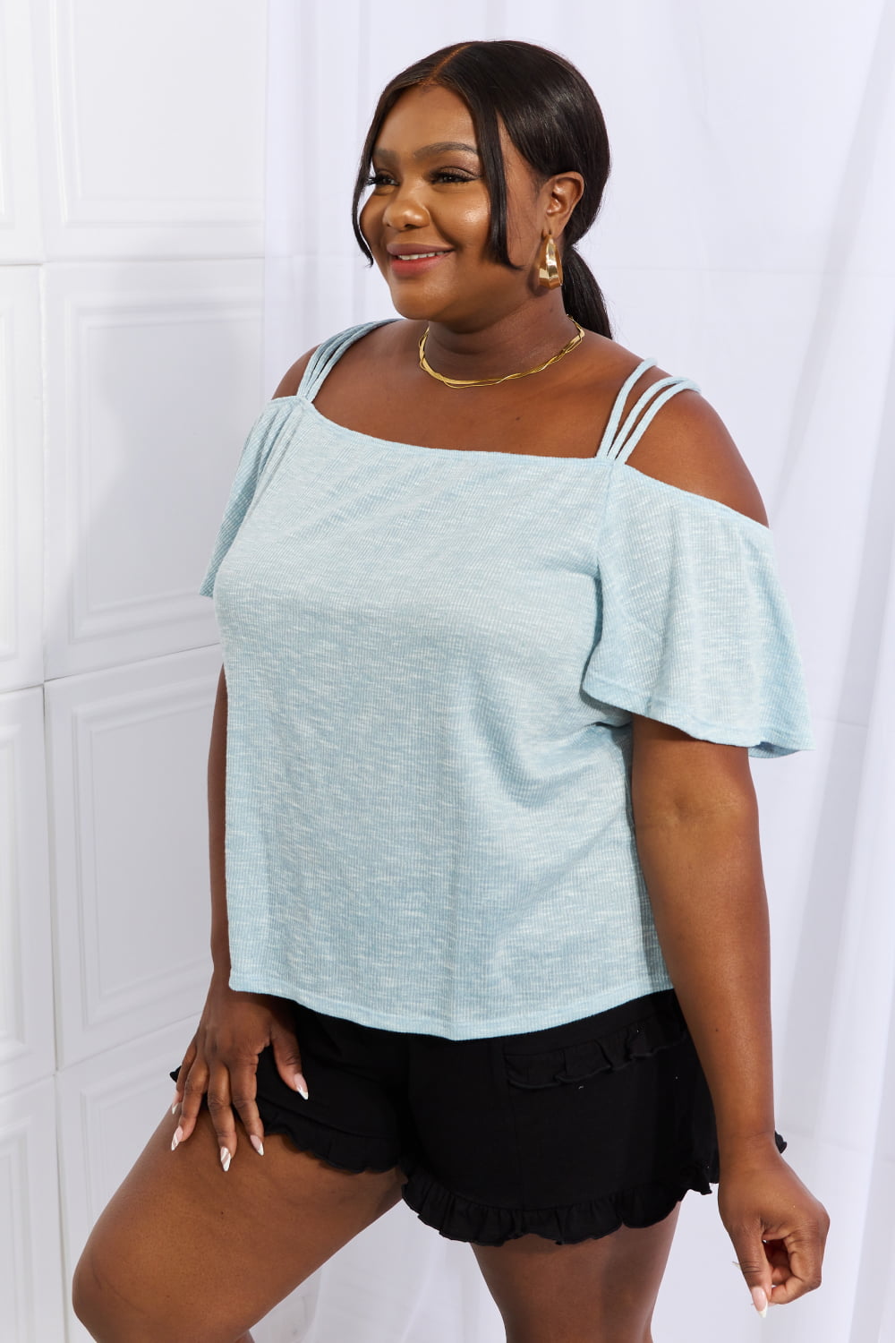 Culture Code On The Move Full Size Off The Shoulder Flare Sleeve Top in Ice Blue