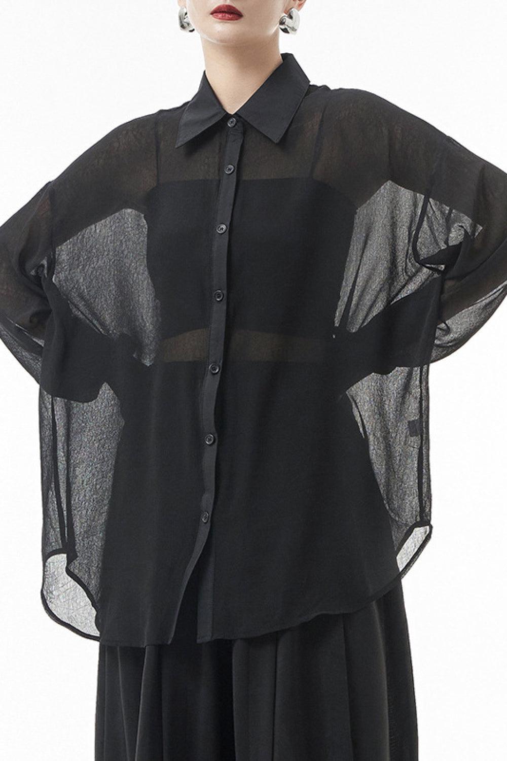 Button Down Dropped Shoulder Mesh Shirt