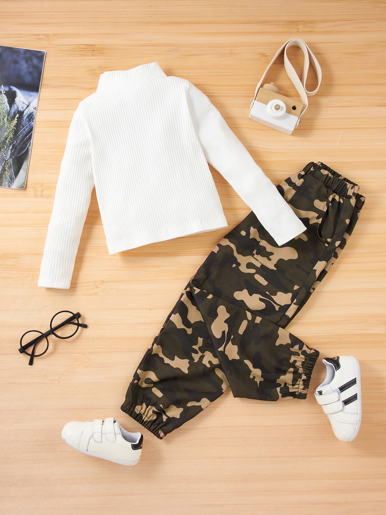 Girls Mock Neck Sweater and Camouflage Pants Set