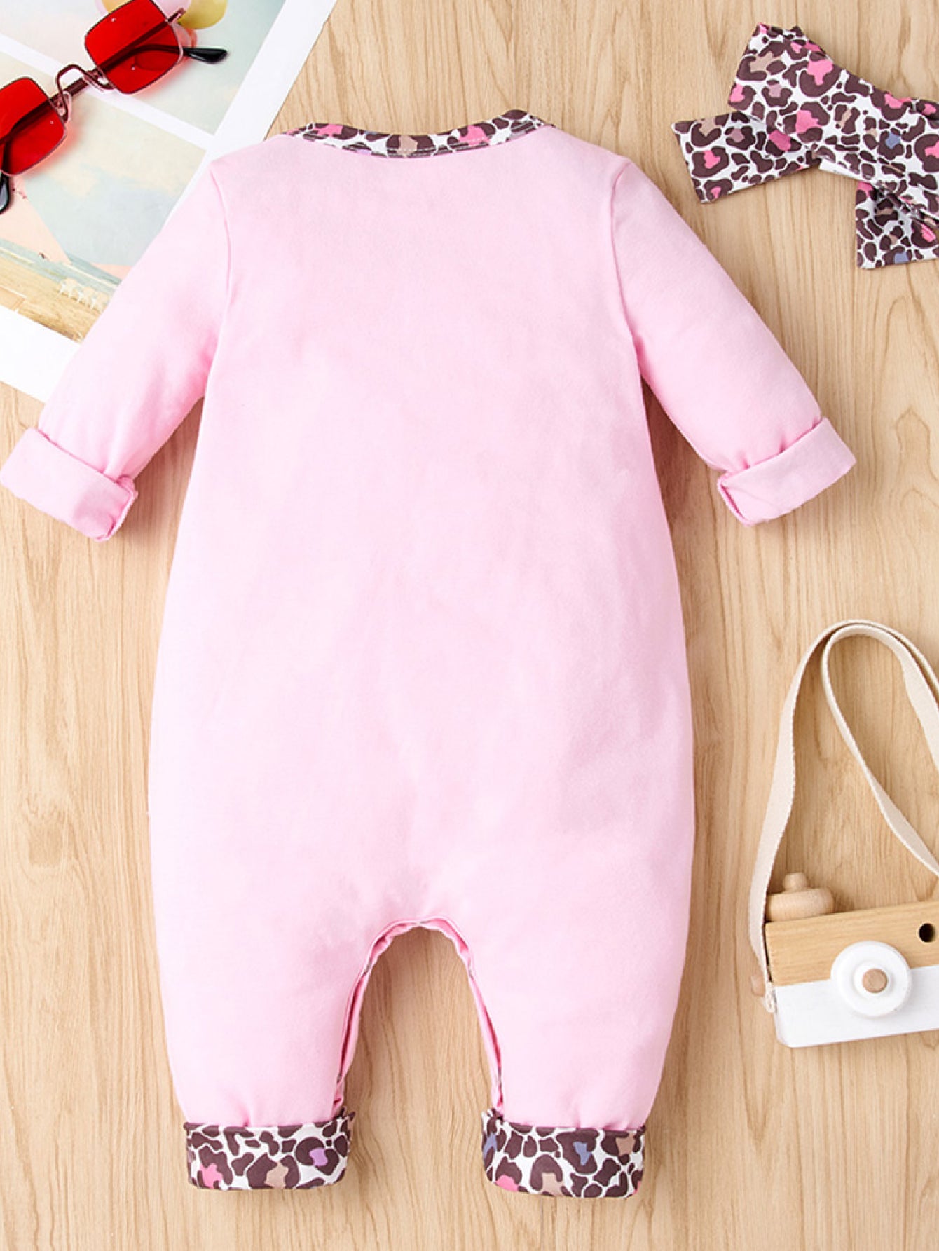 Baby Girl Contrast Leopard Jumpsuit with Bow