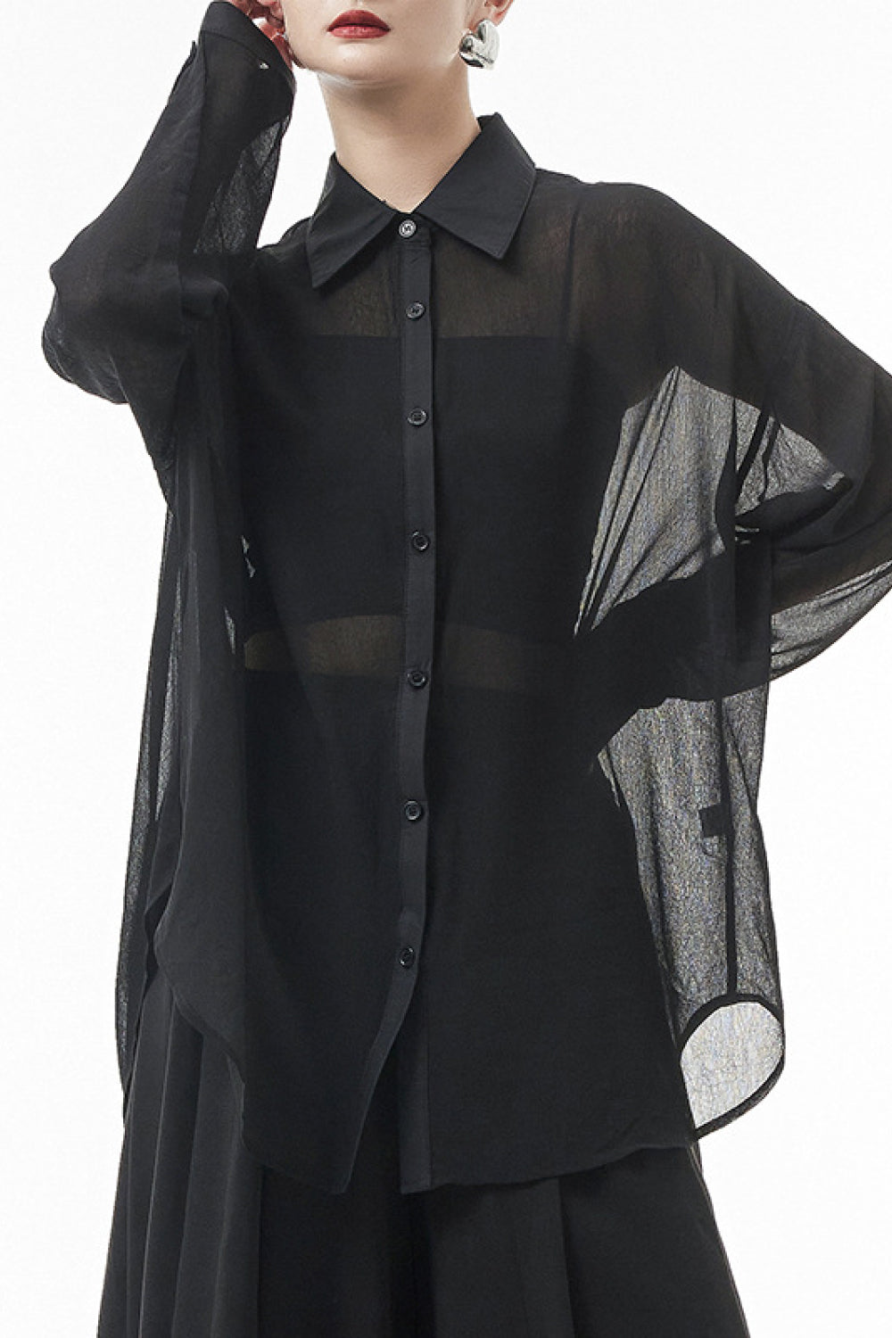 Button Down Dropped Shoulder Mesh Shirt
