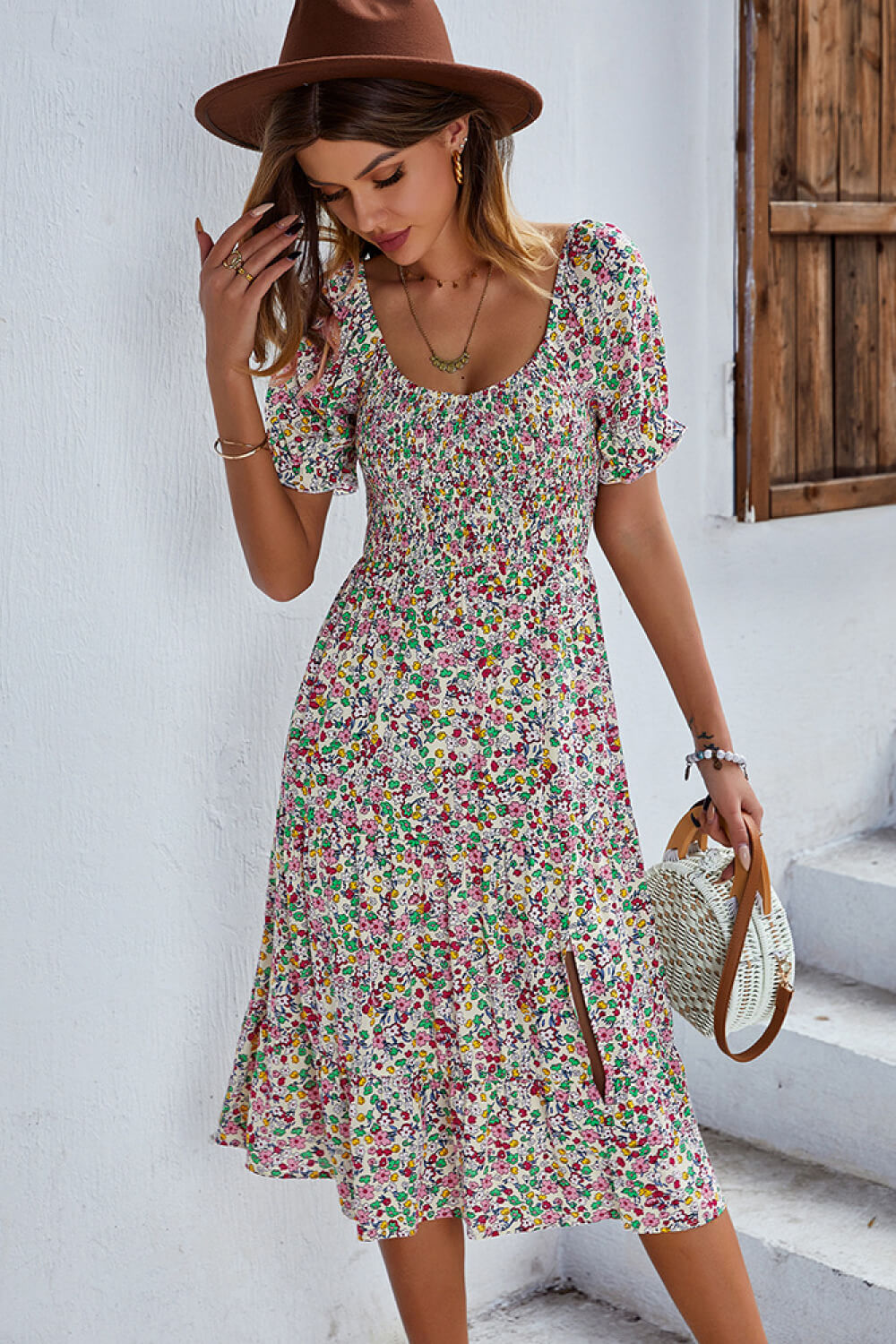 Ditsy Floral Side Slit Flounce Sleeve Dress