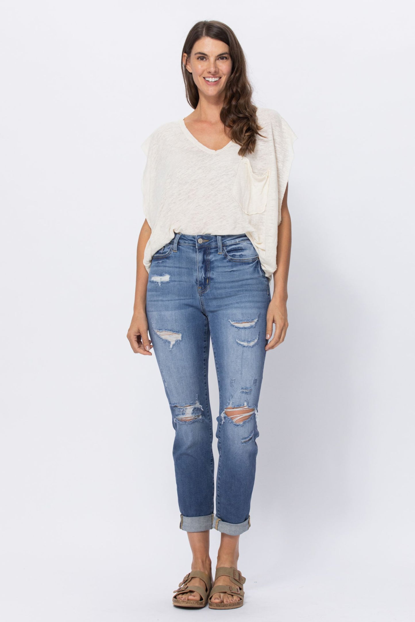 Mid Rise Cuffed Distressed Jeans