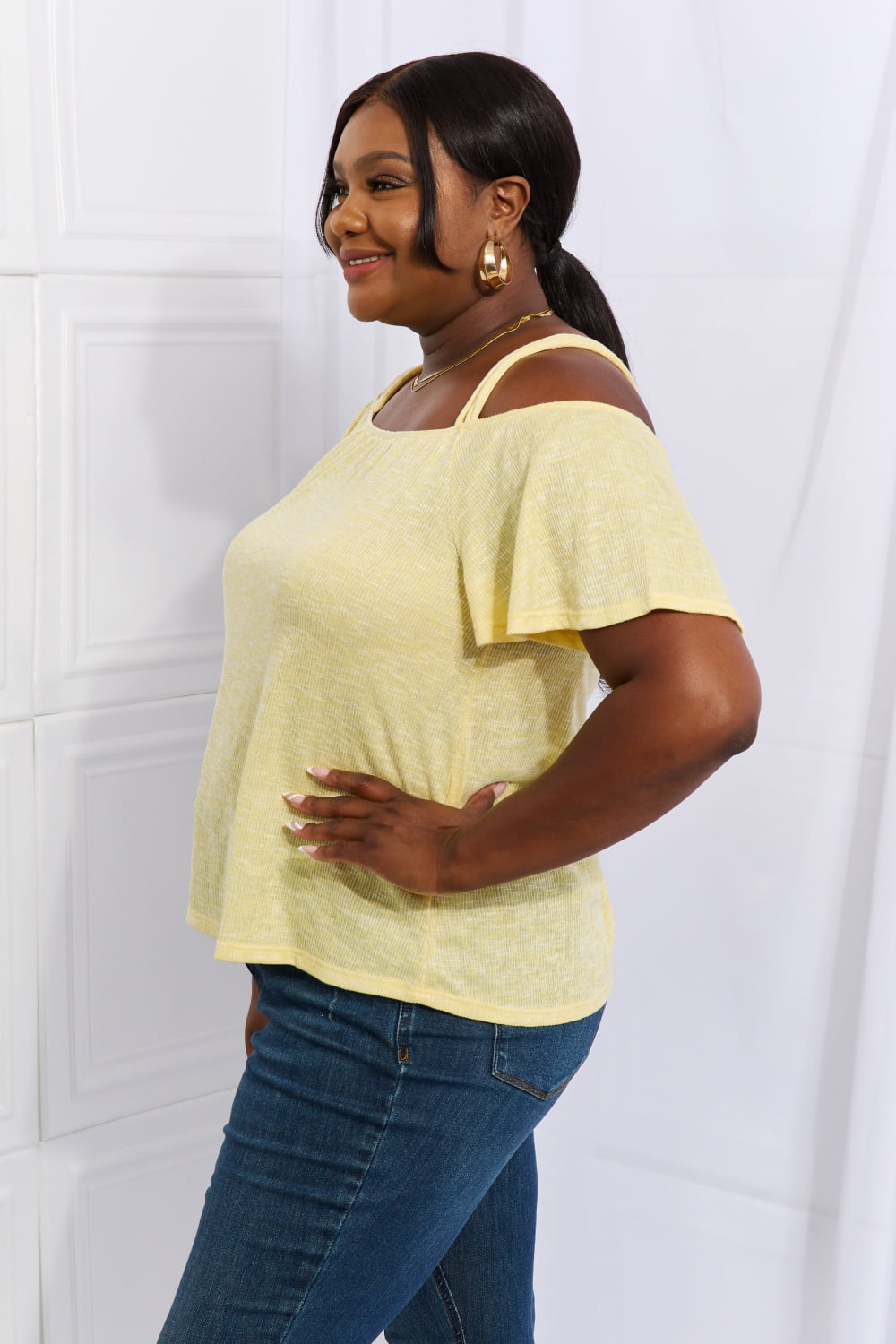 Culture Code On The Move Full Size Off The Shoulder Flare Sleeve Top in Sand Yellow