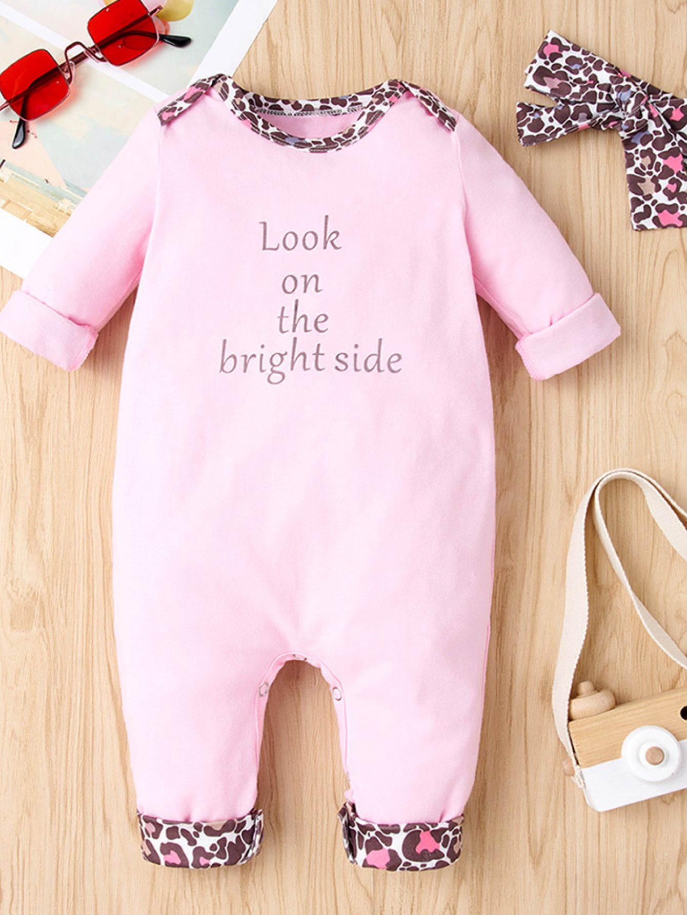 Baby Girl Contrast Leopard Jumpsuit with Bow