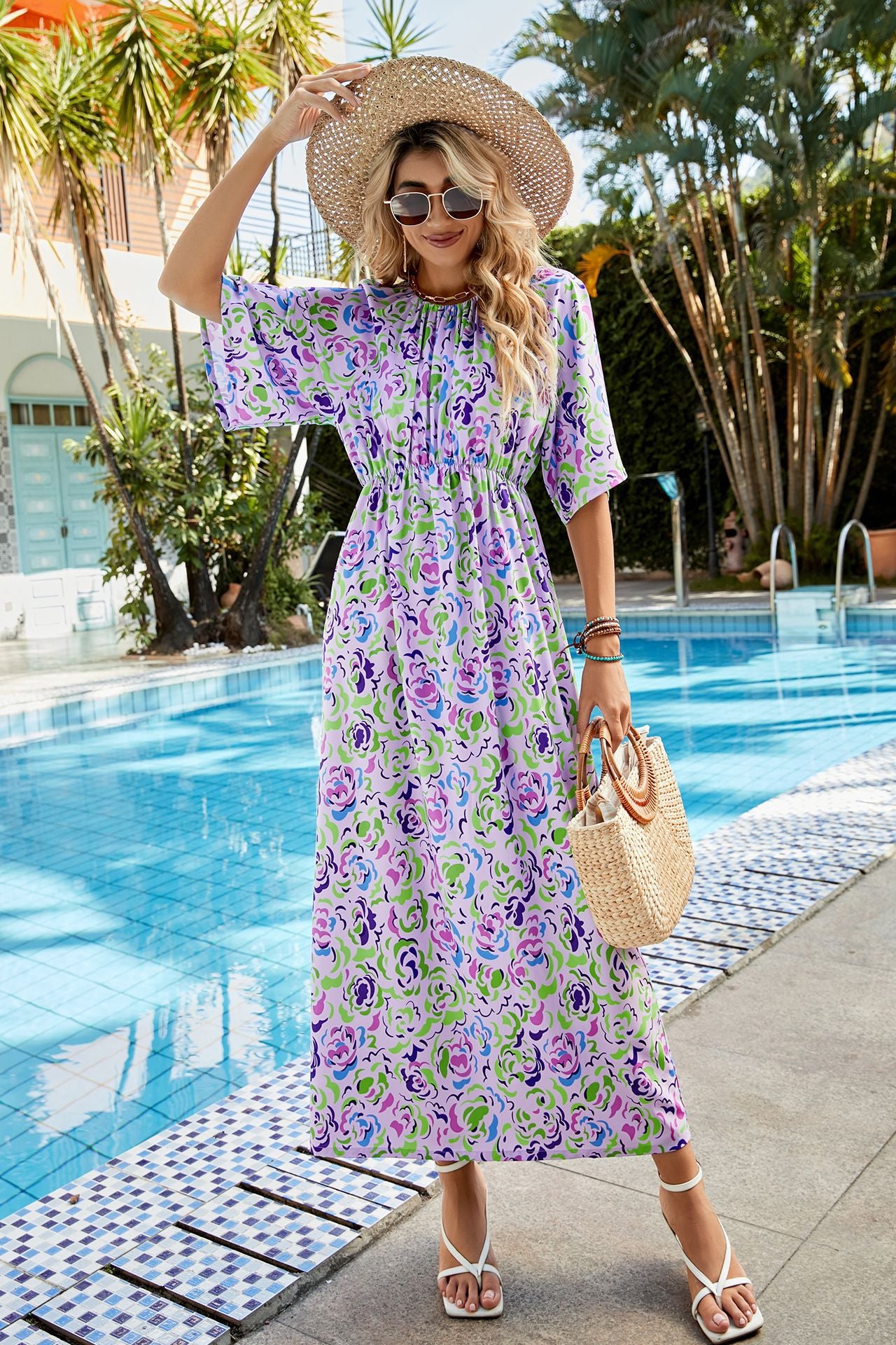 Printed Elastic Round Neck Half Sleeve Dress