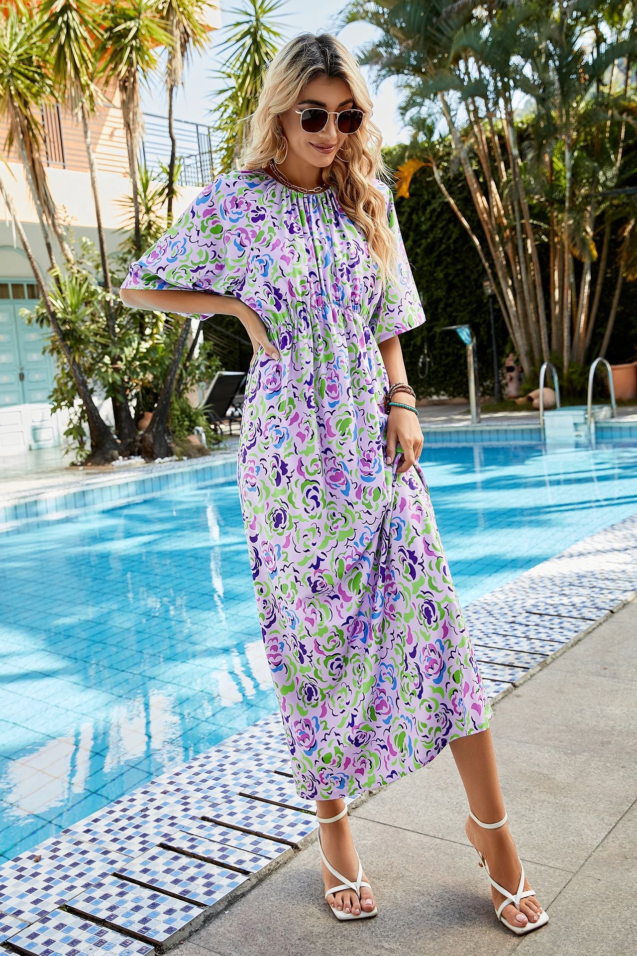 Printed Elastic Round Neck Half Sleeve Dress