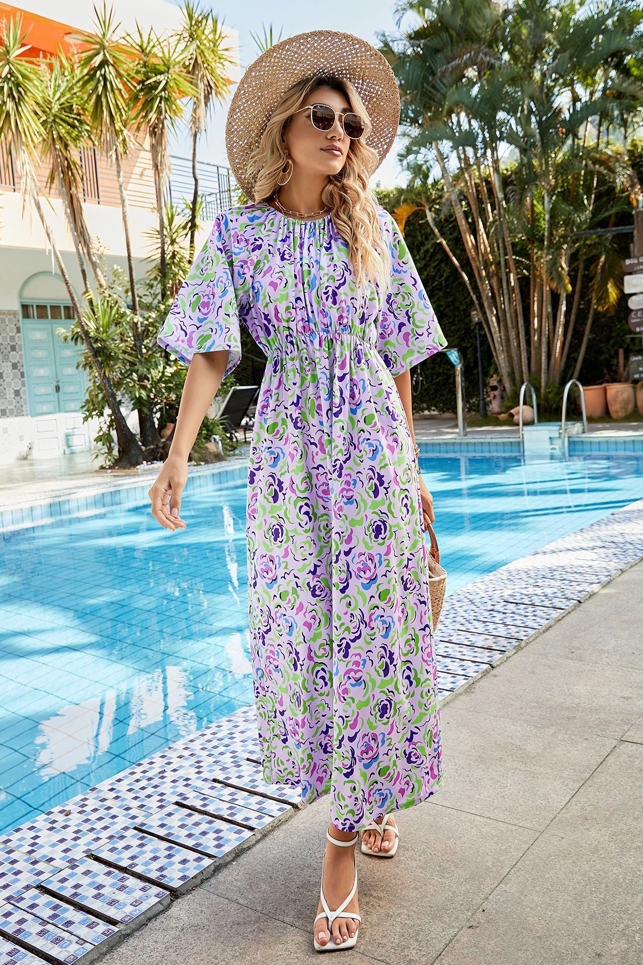 Printed Elastic Round Neck Half Sleeve Dress