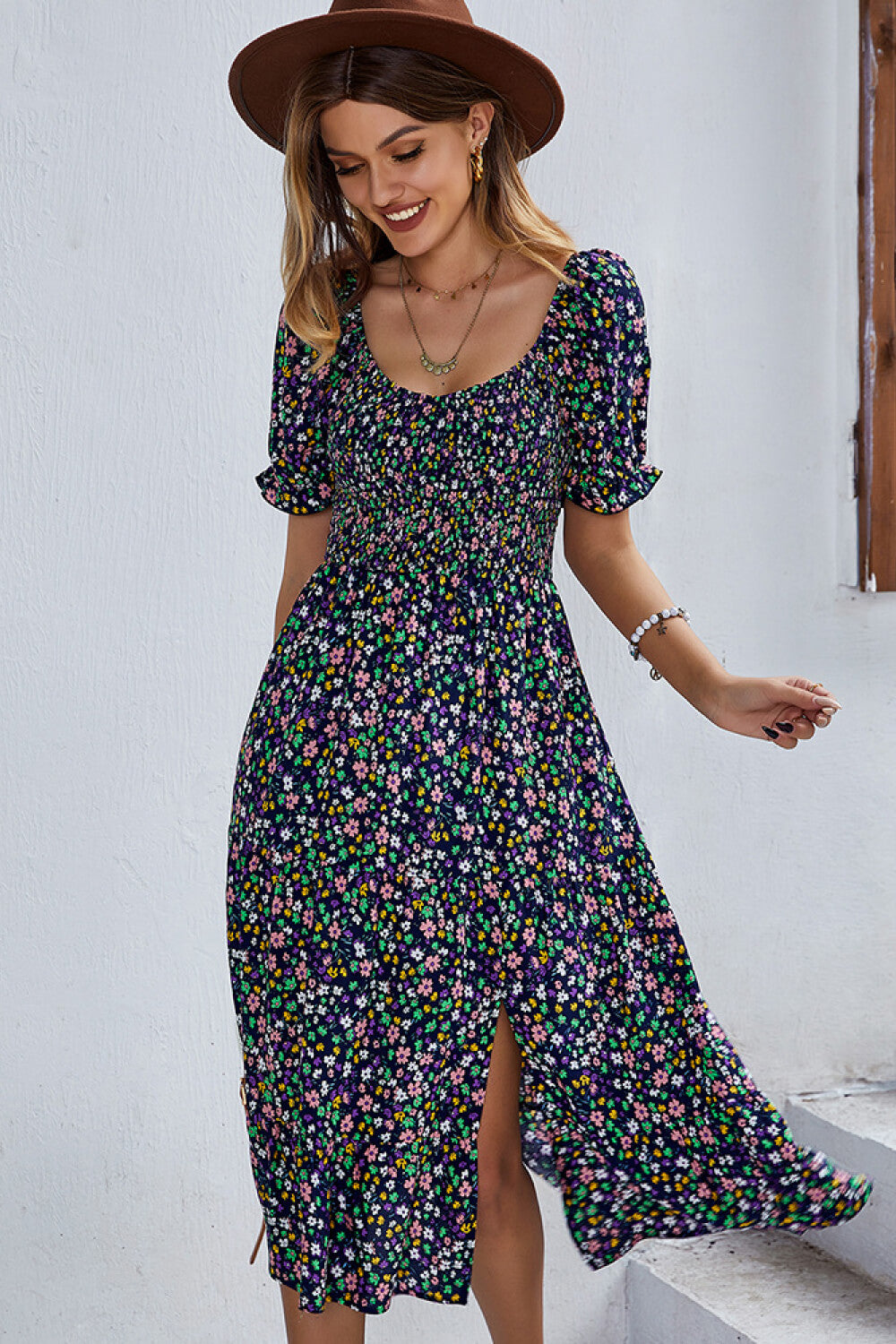 Ditsy Floral Side Slit Flounce Sleeve Dress