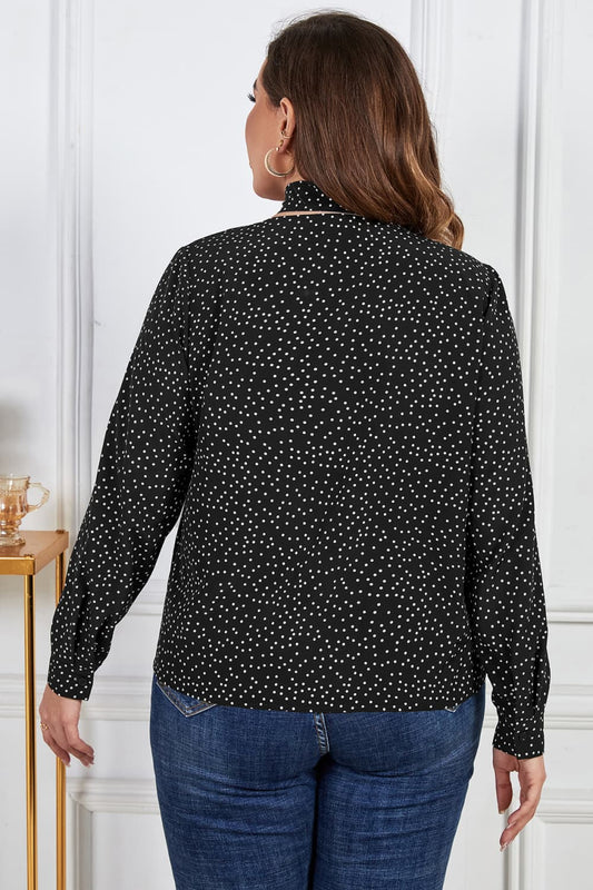 Melo Apparel Plus Size Printed Tie Neck Long Sleeve Blouse