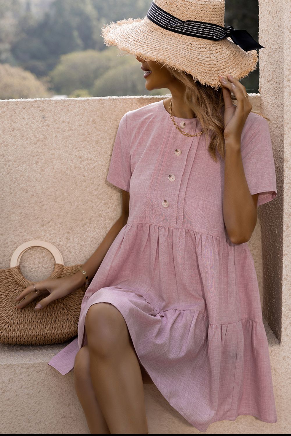 Decorative Button Tiered Short Sleeve Dress