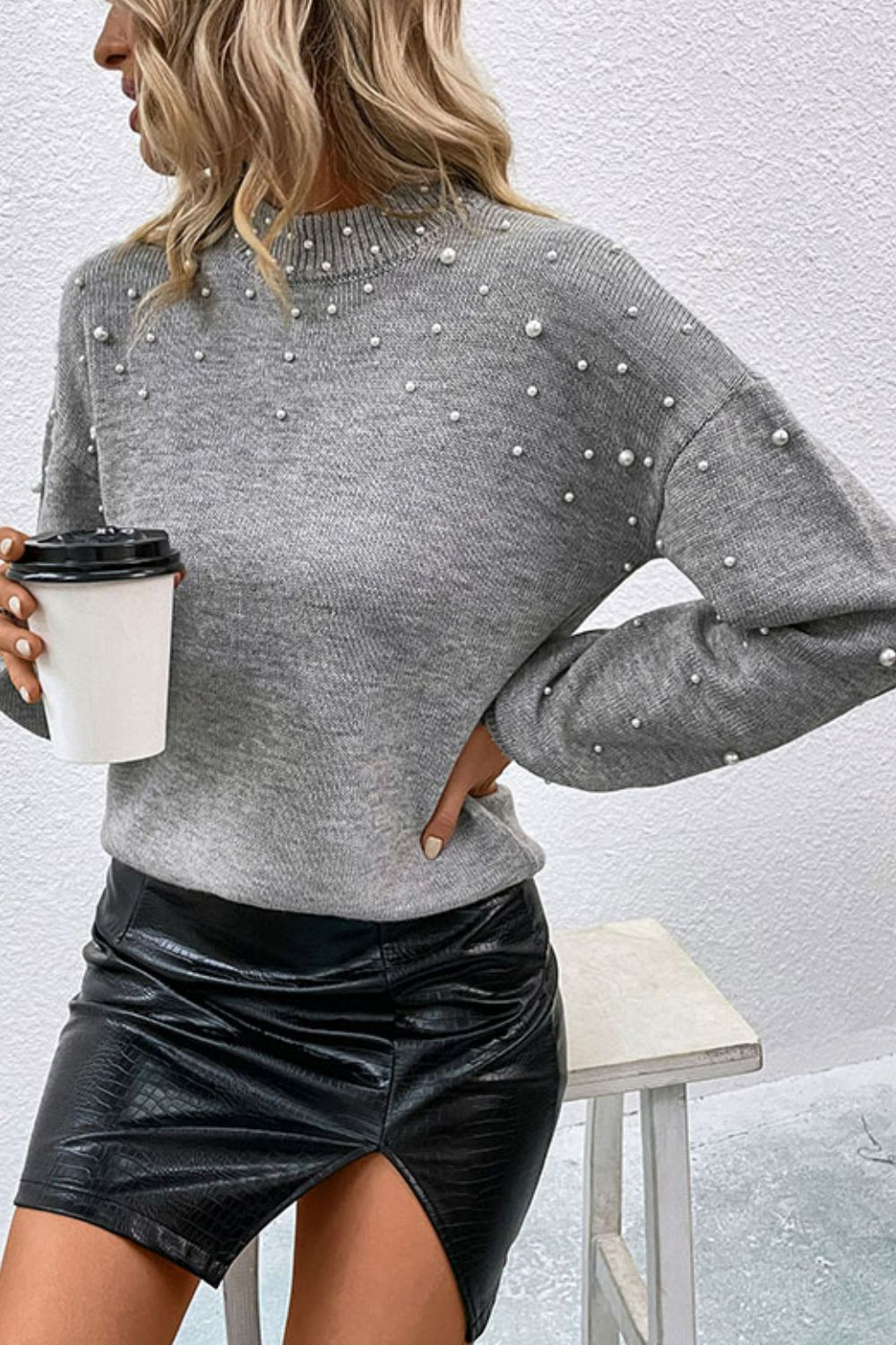 Woven Right Pearl Dropped Shoulder Ribbed Trim Sweater