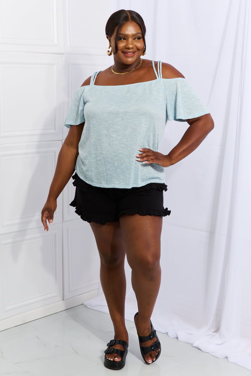 Culture Code On The Move Full Size Off The Shoulder Flare Sleeve Top in Ice Blue
