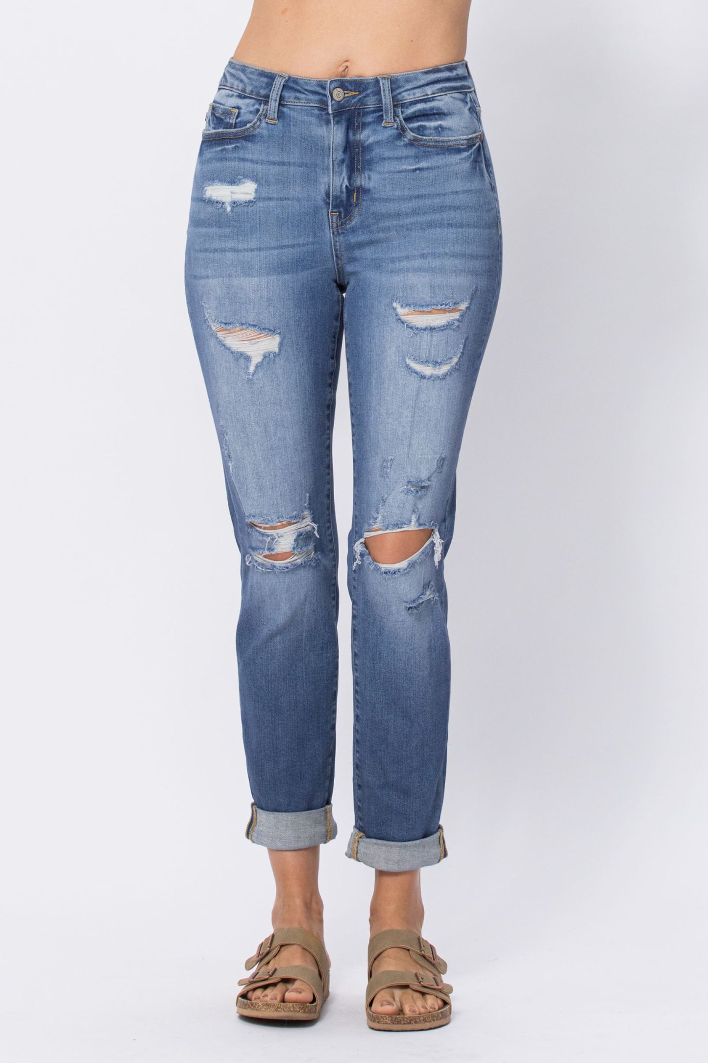 Mid Rise Cuffed Distressed Jeans