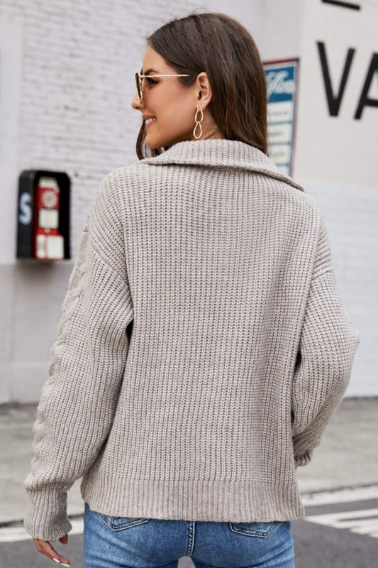 Woven Right Half Zip Mixed Knit Collared Sweater