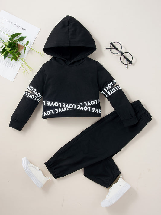 Girls Letter Pattern Hoodie and Pants Set