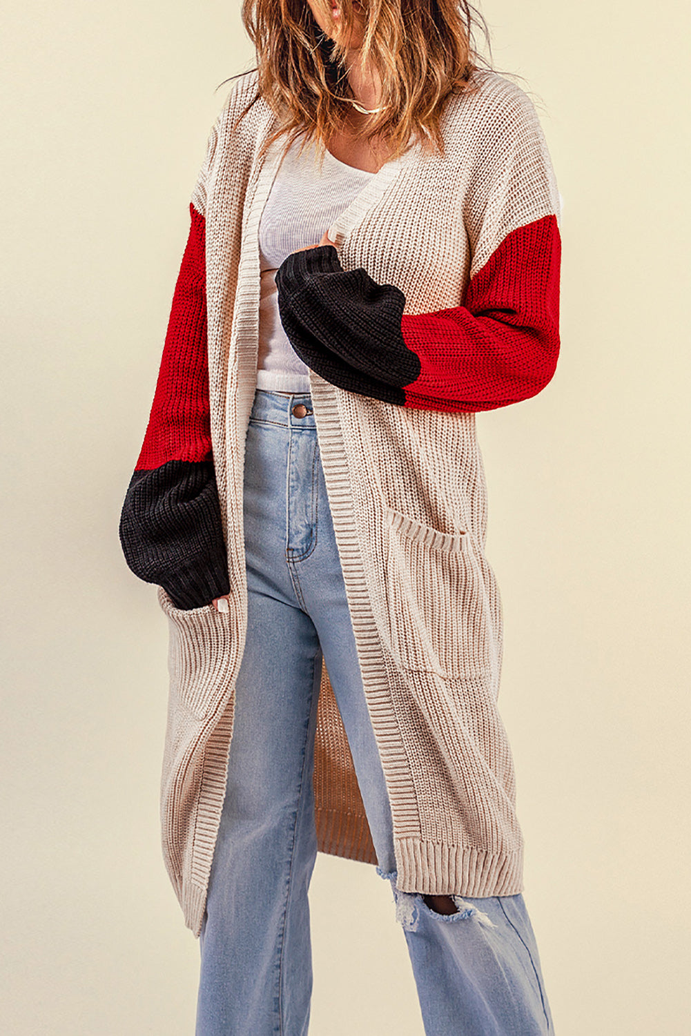 Color Block Rib-Knit Longline Cardigan with Front Pockets