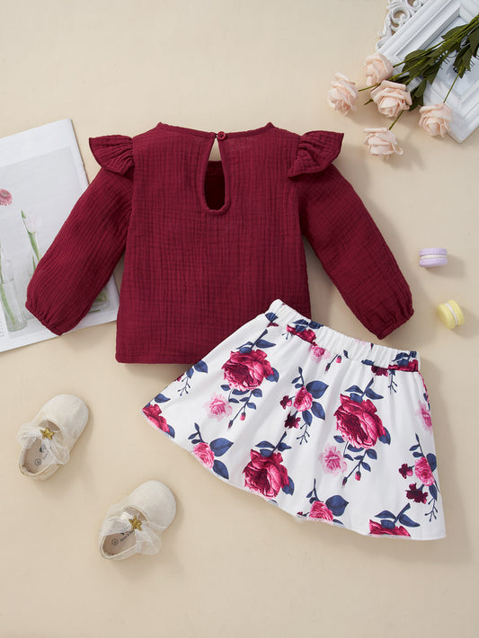 Girls Waffle Bow Detail Top and Floral Skirt Set