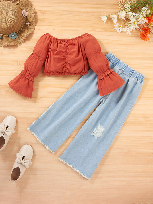Girls Flared Sleeve Top and Jeans Set