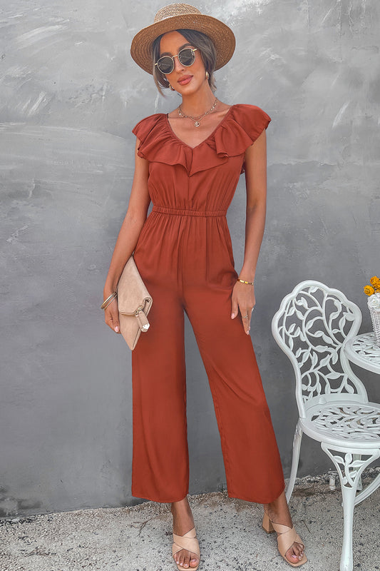 Ruffle Trim Tie-Back Wide Leg Jumpsuit