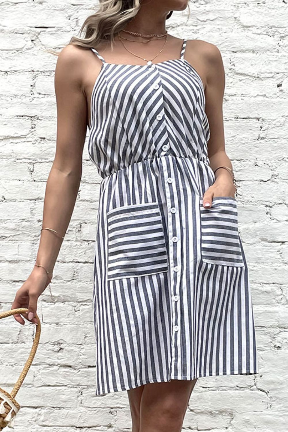 Striped Buttoned Spaghetti Strap Dress with Pockets