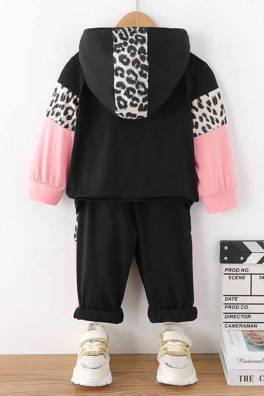 Girls Leopard Color Block Hoodie and Pants Set