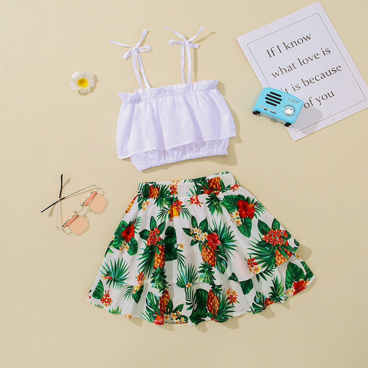 Girls Layered Cami and Pineapple Print Skirt Set