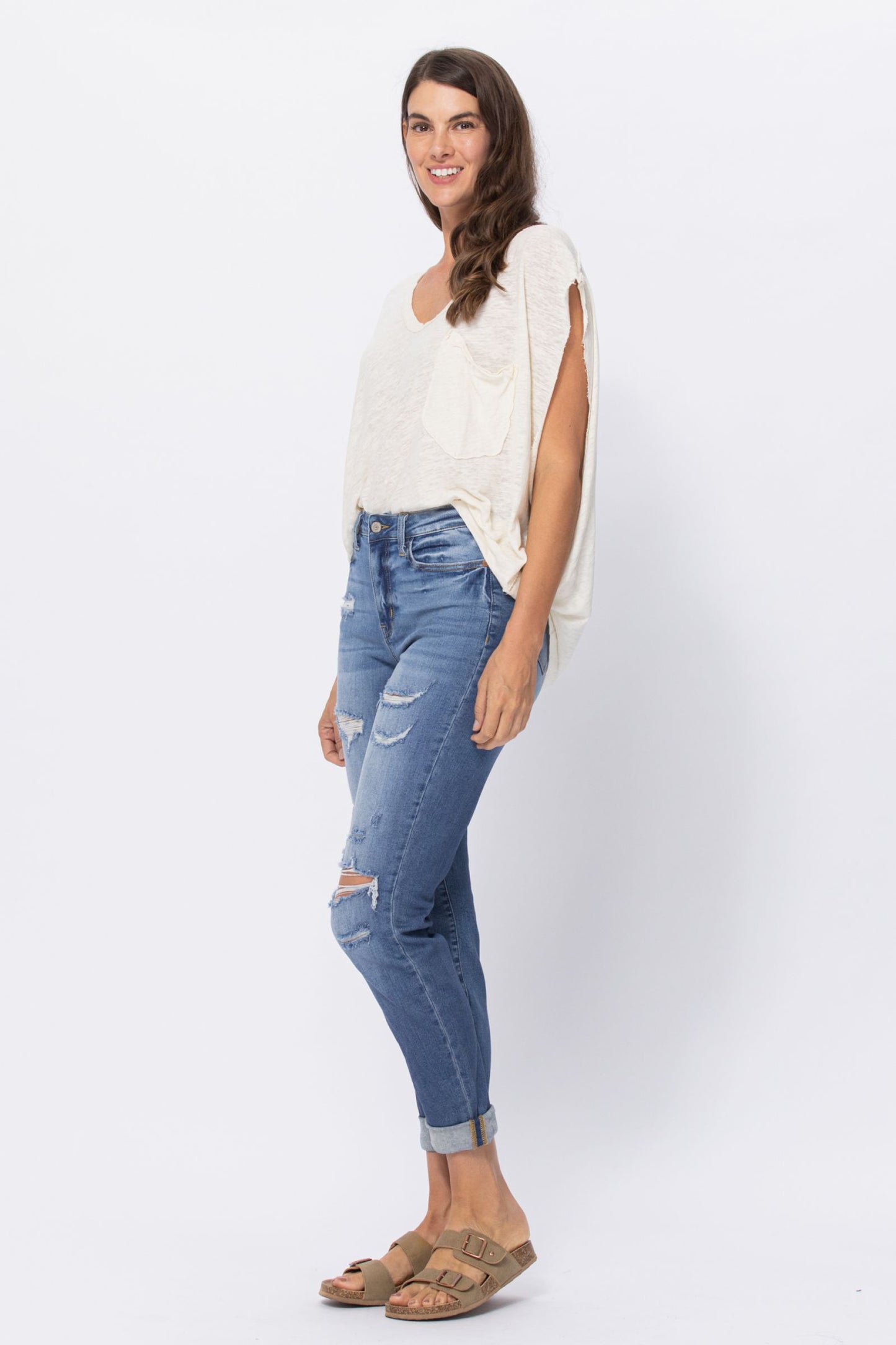 Mid Rise Cuffed Distressed Jeans