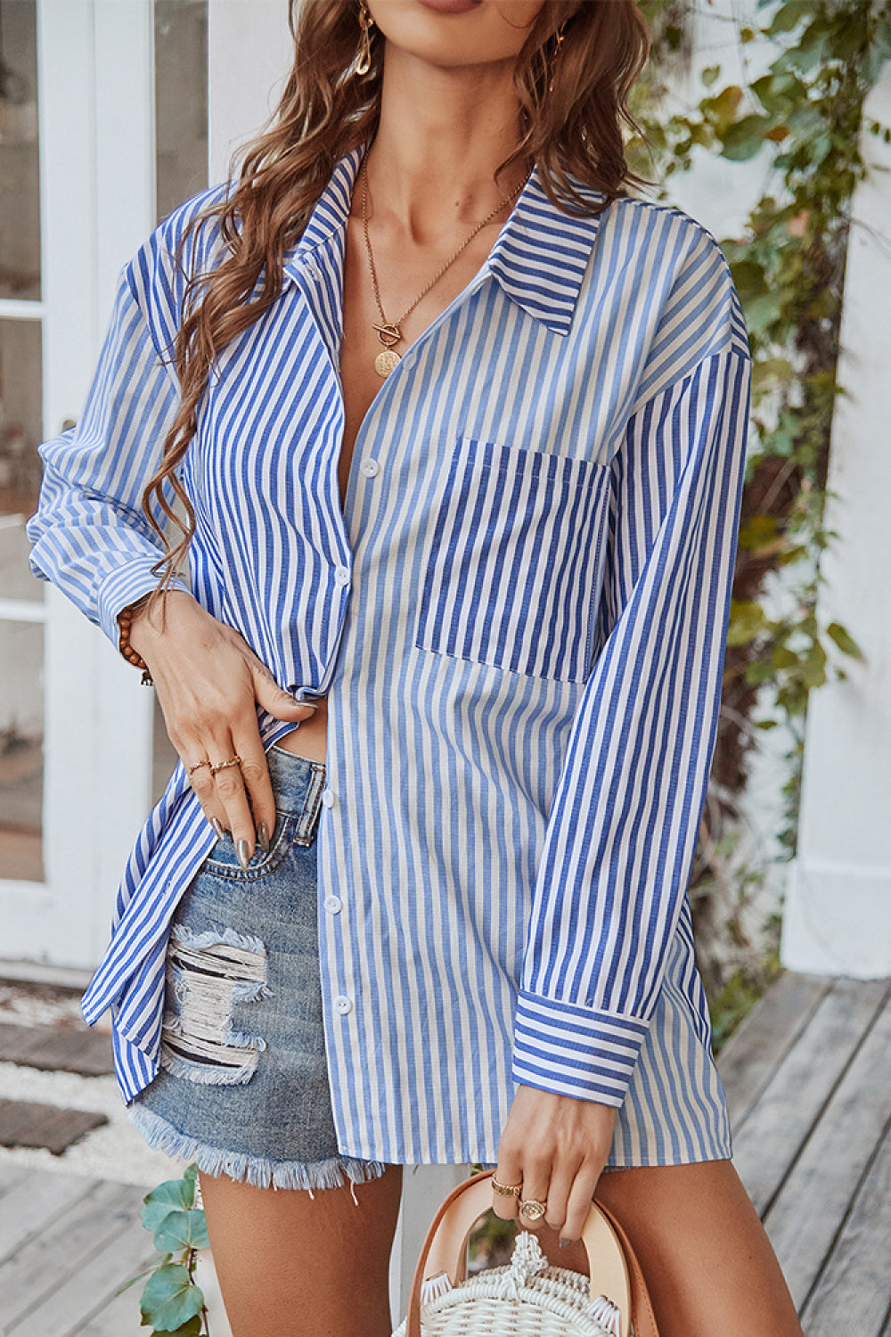 Vertical Stripes Button Down Shirt with Pocket