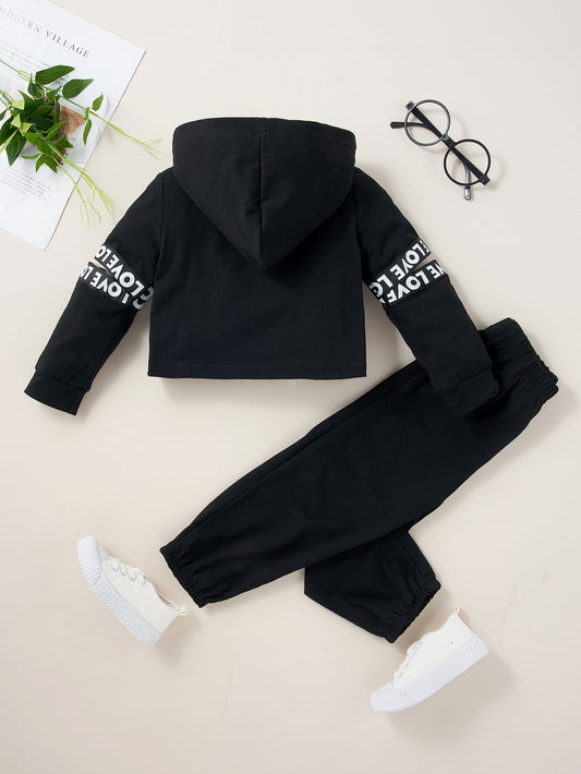 Girls Letter Pattern Hoodie and Pants Set