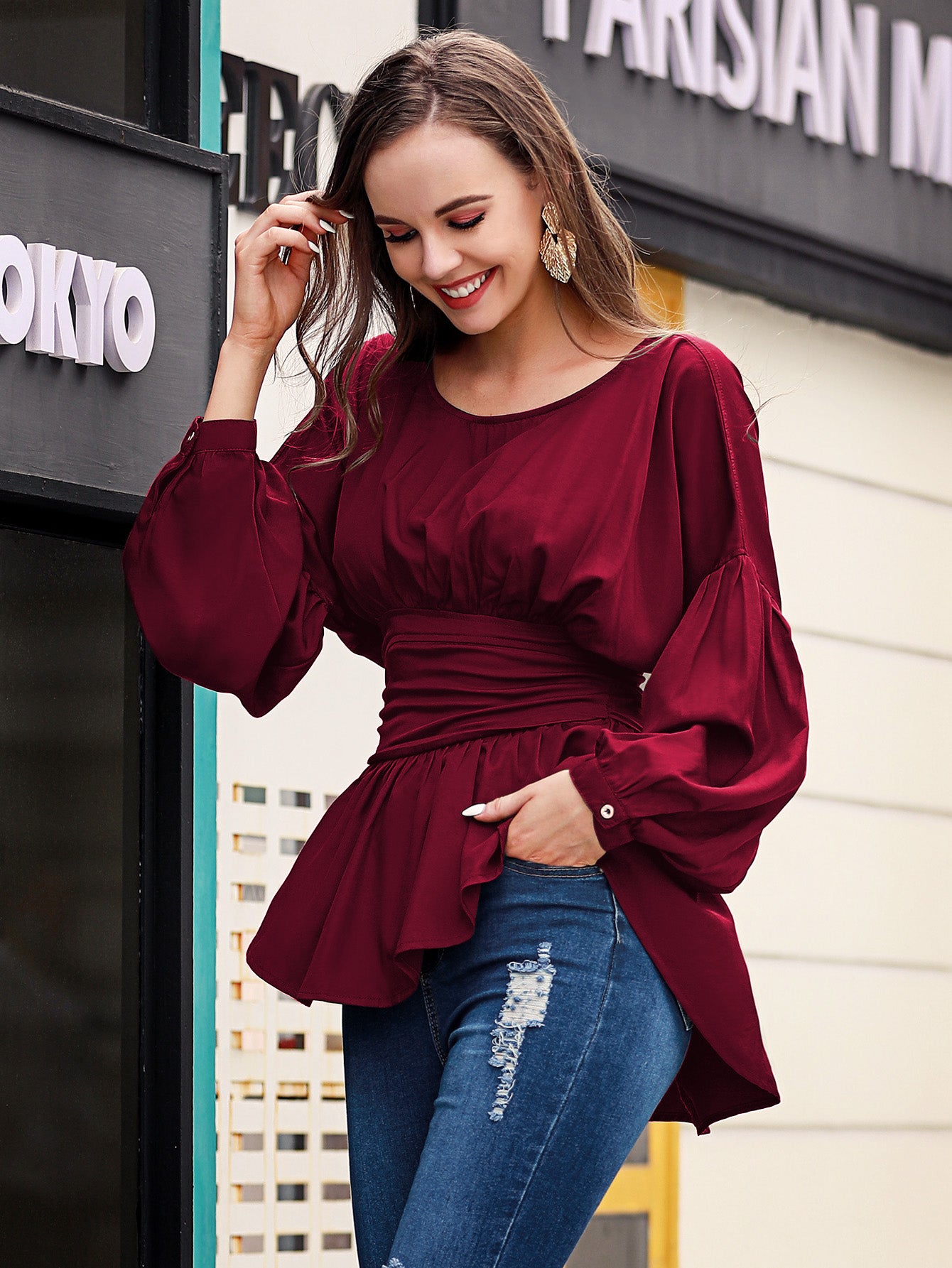 Exposed Seams Round Neck Dropped Shoulder Blouse