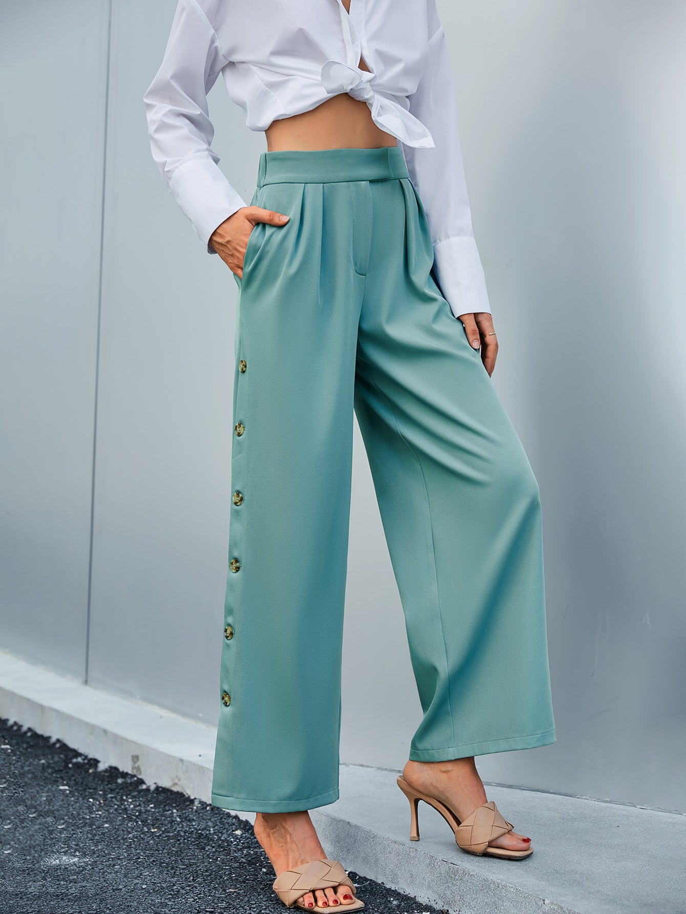 Side Button Wide Leg Pants with Pockets