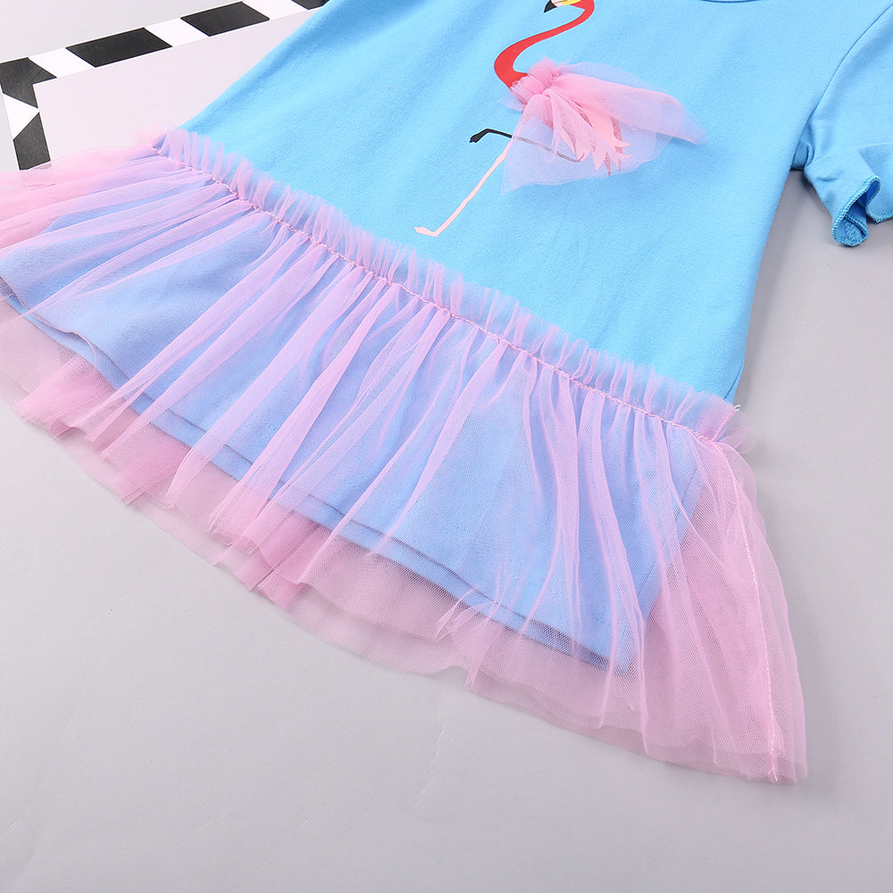Flamingo Graphic Short Sleeve Spliced Mesh Dress