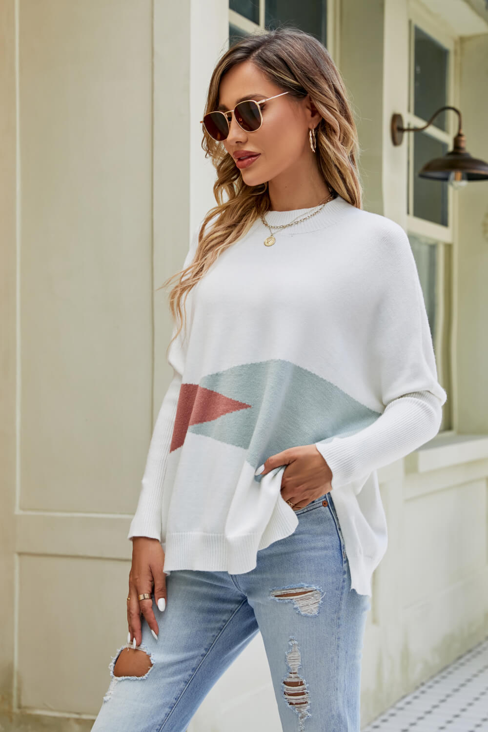 Woven Right Color Block Round Neck Side Slit Sweater