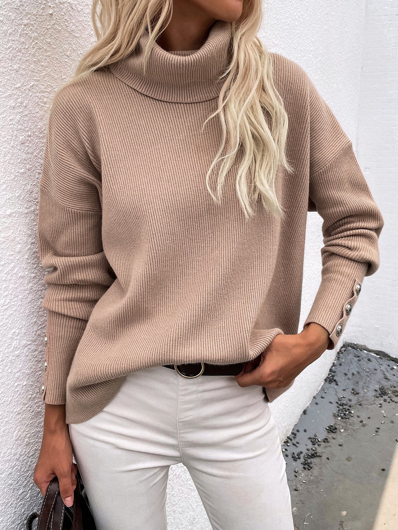 Woven Right Button Detail Rib-Knit Turtleneck Sweater