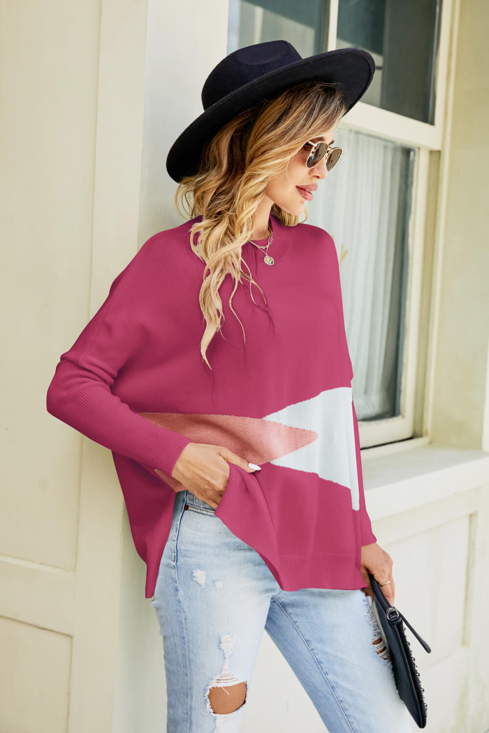 Woven Right Color Block Round Neck Side Slit Sweater
