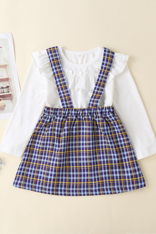 Girls Ruffle Collar Top and Plaid Dress Set