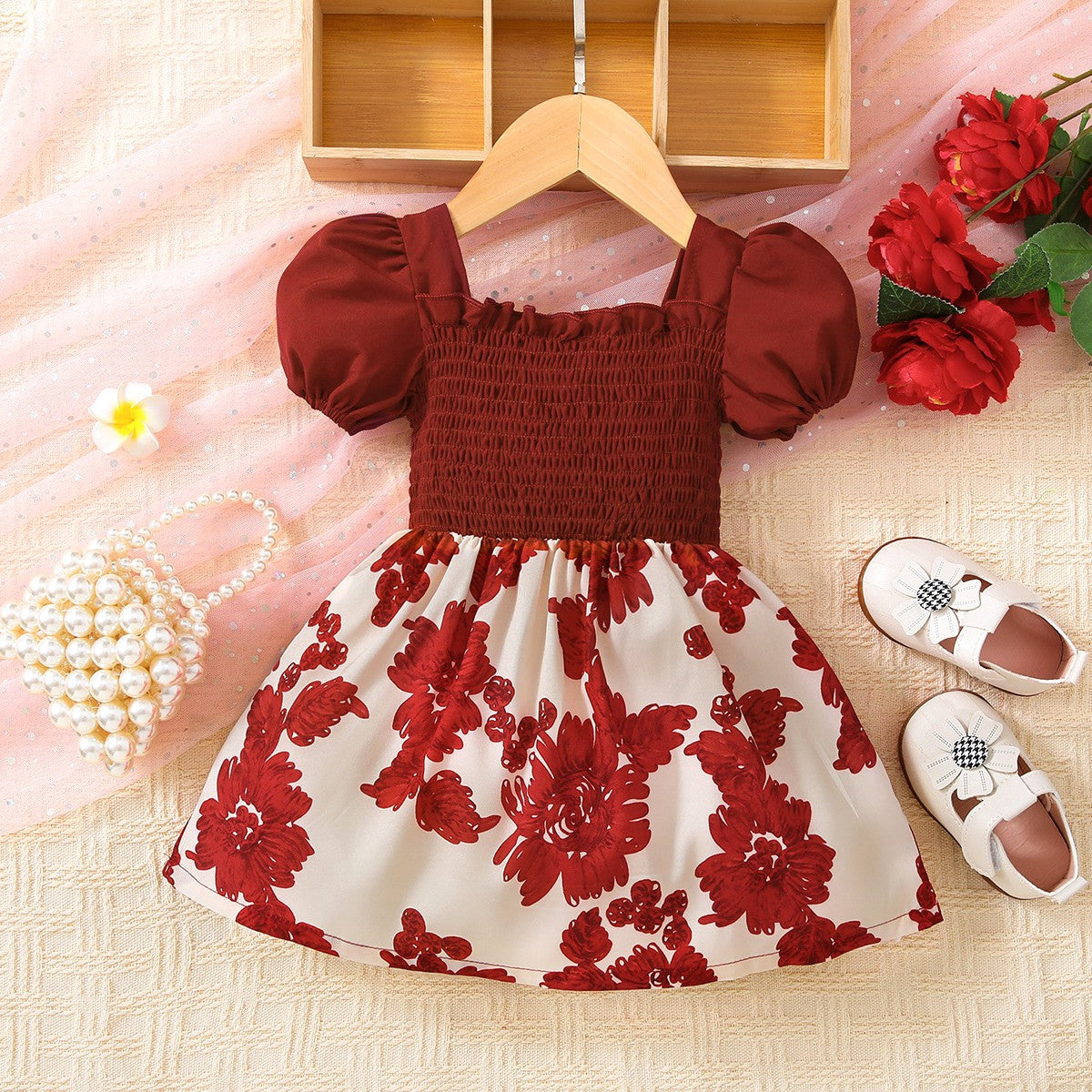 Baby Girl Floral Frill Trim Square Neck Smocked Dress