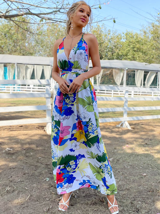 Floral Crisscross Backless Maxi Dress