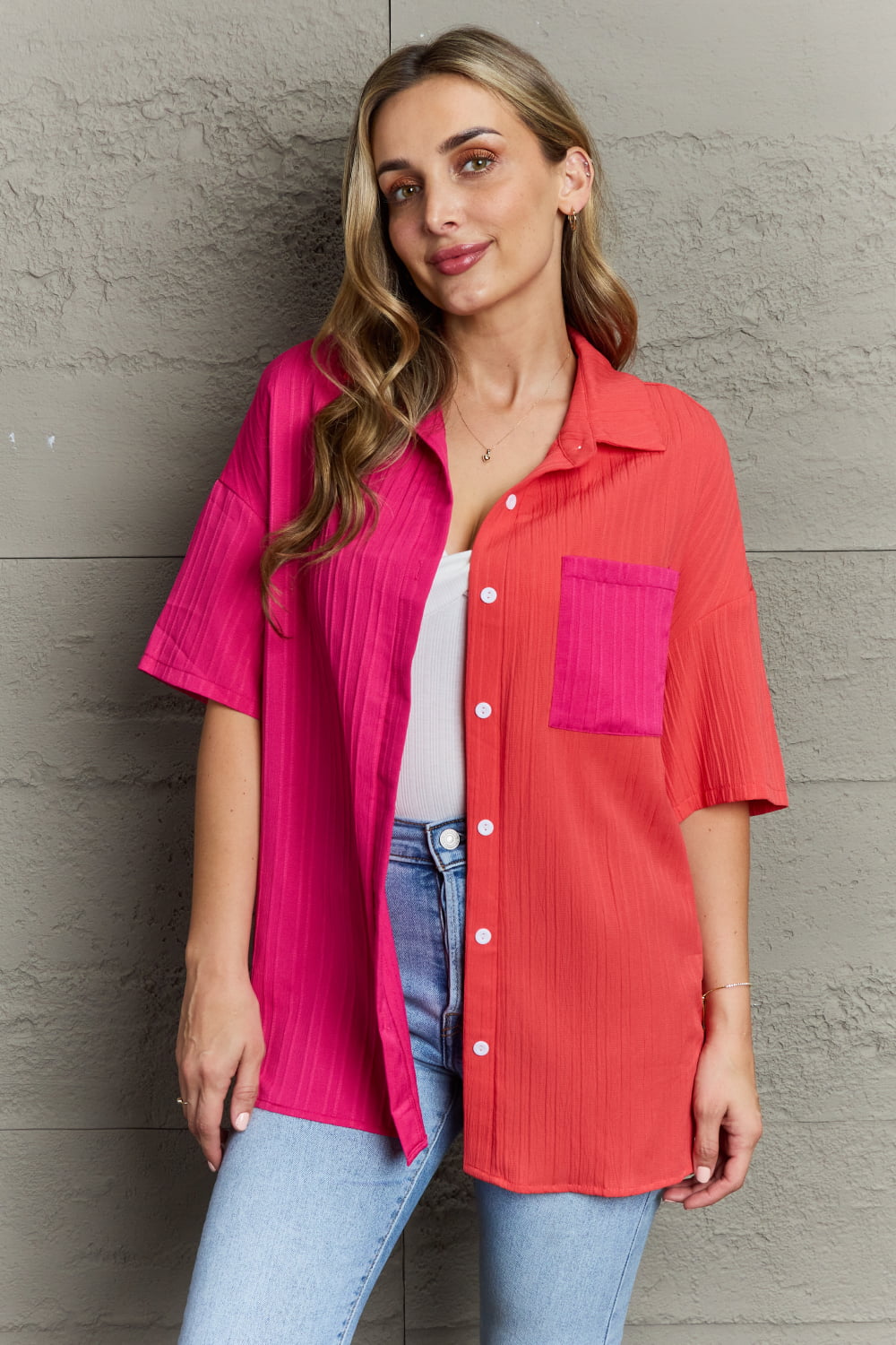 Two-Tone Button Front Dropped Shoulder Shirt